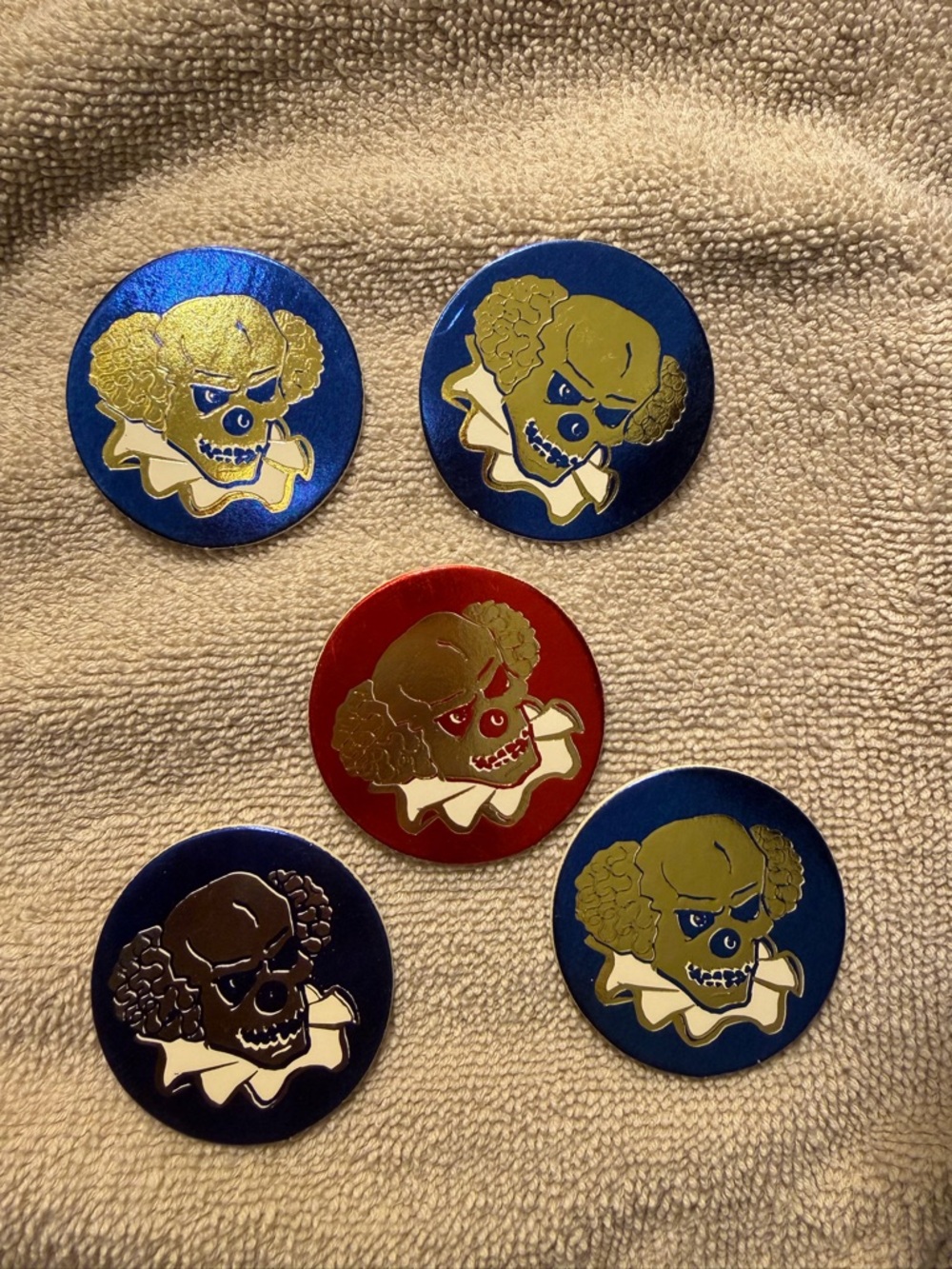 Vintage POGS Set of 5 Cardboard Clown Skull Pins - Blue & Red